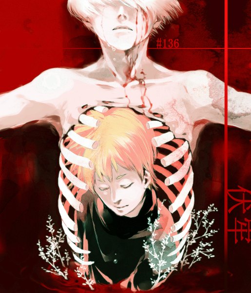 Anime picture 1160x1353 with tokyo ghoul studio pierrot kaneki ken hideyoshi nagachika yongkang tall image fringe blonde hair bare shoulders white hair eyes closed inscription tears red background crying bone (bones) boy plant (plants) blood