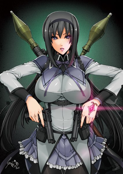 Anime picture 992x1403 with mahou shoujo madoka magica shaft (studio) akemi homura fei (maidoll) single long hair tall image looking at viewer breasts light erotic black hair simple background large breasts purple eyes signed girl skirt uniform bow weapon