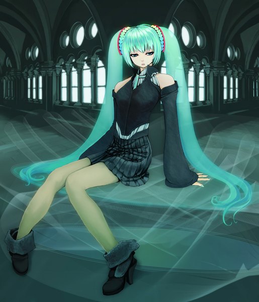 Anime picture 1000x1166 with vocaloid hatsune miku nishinogi tall image looking at viewer sitting twintails bare shoulders very long hair nail polish aqua eyes aqua hair alternate costume girl hair ornament detached sleeves boots