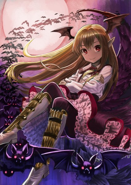 Anime picture 1191x1684 with shingeki no bahamut granblue fantasy vampy wasabi60 single long hair tall image looking at viewer fringe blonde hair smile hair between eyes red eyes payot sky bent knee (knees) ass tail long sleeves head tilt