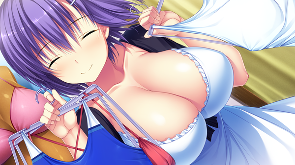 Anime picture 2048x1152 with umisora no fragments yuuri nishinomiya highres short hair breasts light erotic smile wide image large breasts game cg cleavage purple hair eyes closed girl dress