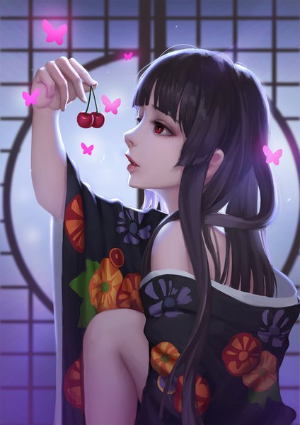 Anime picture 800x1132 with hell girl studio deen enma ai aojiao pinru single long hair tall image fringe black hair red eyes sitting bare shoulders holding looking away bent knee (knees) indoors blunt bangs traditional clothes parted lips japanese clothes
