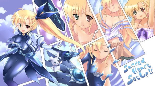 Anime picture 1230x690 with mahou shoujo lyrical nanoha takamachi vivio sacred heart kouno hikaru long hair blush breasts light erotic blonde hair smile wide image eyes closed heterochromia side ponytail :p transformation girl skirt tongue bodysuit