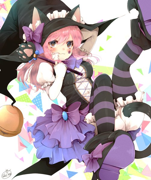 Anime picture 1670x2000 with original chita (ketchup) single tall image looking at viewer blush fringe breasts hair between eyes holding brown eyes animal ears pink hair tail long sleeves animal tail cat ears cat girl cat tail puffy sleeves