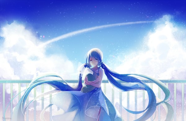 Anime picture 1456x950 with vocaloid hatsune miku filiananna single looking at viewer fringe standing twintails bare shoulders blue hair sky cloud (clouds) very long hair starry sky print girl dress ribbon (ribbons) hair ribbon hat blue dress