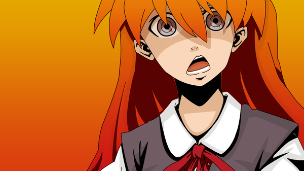Anime picture 1920x1080 with neon genesis evangelion gainax soryu asuka langley p p p s (artist) single long hair fringe highres open mouth simple background wide image orange hair wallpaper vector orange background girl ribbon (ribbons) shirt bowtie
