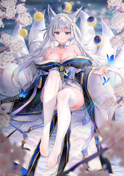 Anime picture 1768x2500 with azur lane shinano (azur lane) kiyosato0928 single long hair tall image looking at viewer blush fringe highres breasts blue eyes light erotic smile large breasts sitting animal ears payot cleavage silver hair