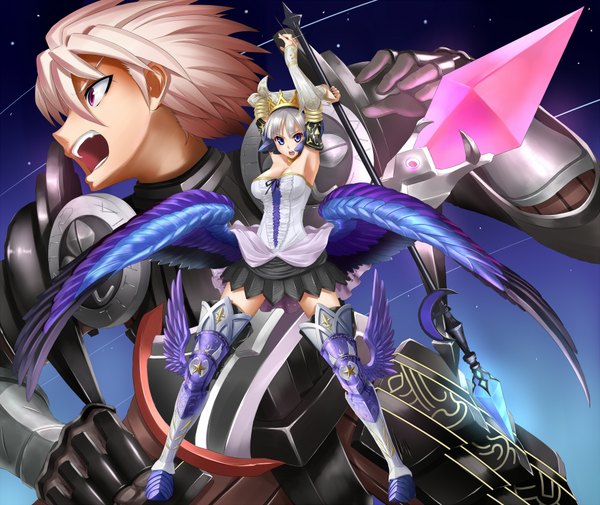Anime picture 1840x1550 with odin sphere vanillaware gwendolyn oswald takebi highres open mouth blue eyes white hair armpit (armpits) girl boy weapon detached sleeves wings armor crown