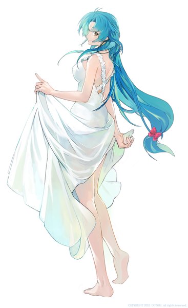 Anime picture 3778x6183 with full metal panic! gonzo chidori kaname dotori (seulseul) single long hair tall image highres simple background standing white background yellow eyes blue hair absurdres full body barefoot low ponytail girl dress bow