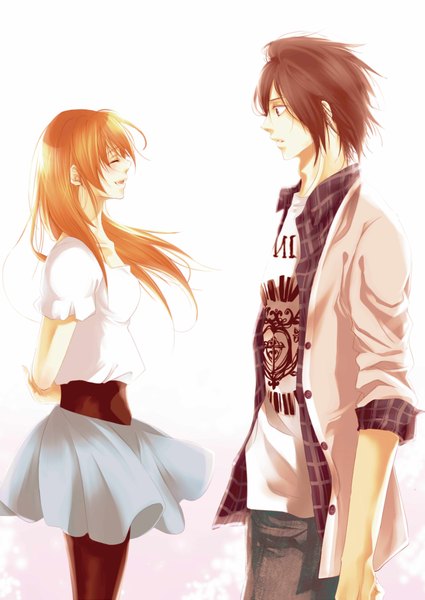 Anime picture 1646x2325 with original aoi shizuka long hair tall image short hair open mouth simple background smile brown hair standing brown eyes eyes closed orange hair open clothes open shirt couple hands behind back face to face twisty sleeves surprised