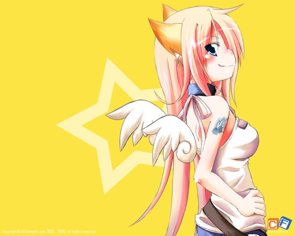 Anime picture 1280x1024 with akiba angels kazekawa nagi single blush simple background smile animal ears pink hair very long hair profile cat girl tattoo body blush girl wings choker belt tank top