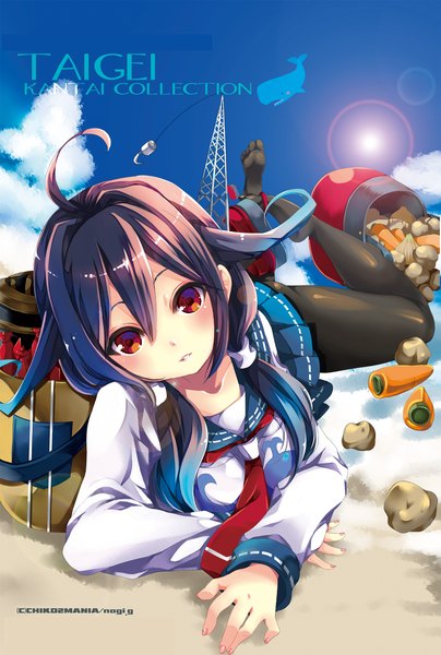 Anime picture 1550x2304 with kantai collection taigei light aircraft carrier gouda nagi single long hair tall image looking at viewer red eyes twintails sky purple hair ahoge lying low twintails lens flare on stomach girl skirt miniskirt pantyhose