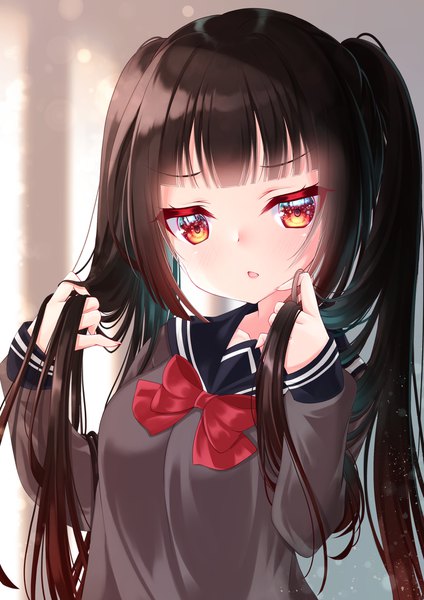 Anime picture 1414x2000 with original mirai (happy-floral) single long hair tall image blush fringe black hair red eyes twintails upper body blunt bangs :o holding hair twintails day girl uniform serafuku