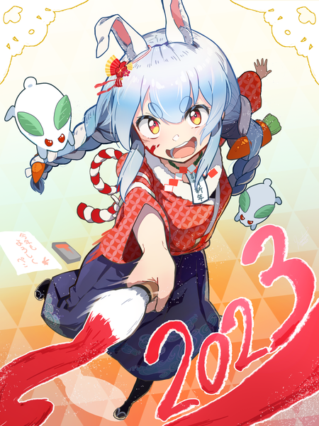 Anime picture 2048x2732 with virtual youtuber hololive usada pekora hanten (hantennano) single long hair tall image fringe highres open mouth hair between eyes animal ears yellow eyes blue hair braid (braids) from above bunny ears twin braids eyebrows new year