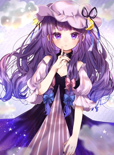 Anime picture 1608x2188 with touhou patchouli knowledge youtan single long hair tall image looking at viewer blush purple eyes purple hair nail polish finger to mouth tress ribbon girl bow hair bow hat star (symbol) bonnet