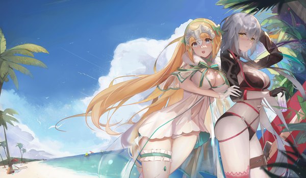 Anime-Bild 4744x2760 mit fate (series) fate/grand order jeanne d'arc (fate) (all) jeanne d'arc alter (fate) jeanne d'arc alter (swimsuit berserker) (fate) jeanne d'arc (swimsuit archer) afpl (parrotz4) looking at viewer blush fringe highres breasts open mouth blue eyes light erotic blonde hair smile hair between eyes wide image large breasts
