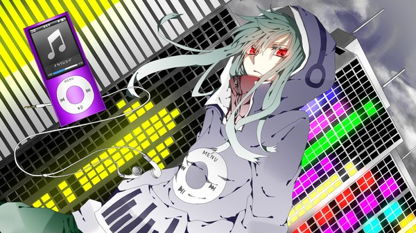 Anime picture 1920x1080 with kagerou project shaft (studio) ipod mekakushi code (vocaloid) kido tsubomi tsubomi kido ri-rihoo single long hair looking at viewer highres red eyes wide image green hair dutch angle hands in pockets girl headphones hood