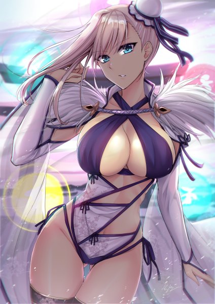 Anime picture 3507x4960 with fate (series) fate/grand order miyamoto musashi (fate) miyamoto musashi (swimsuit berserker) (fate) gu li single long hair tall image looking at viewer highres breasts blue eyes light erotic large breasts standing pink hair absurdres cleavage parted lips head tilt