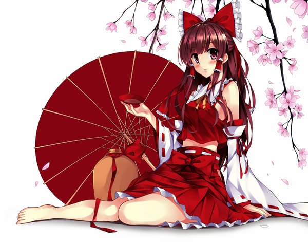 Anime picture 1416x1122 with touhou hakurei reimu mushroom (artist) long hair blush simple background white background purple eyes purple hair legs girl bow hair bow detached sleeves petals umbrella alcohol sake sakazuki