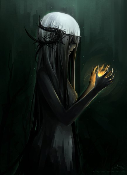Anime picture 723x1000 with aionlights single long hair tall image fringe breasts open mouth silver hair profile fingernails dark skin magic dark background glow girl feather (feathers) fire veil