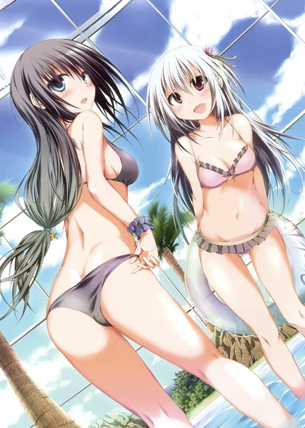 Anime picture 2494x3500 with original mukouharashi ryuu long hair tall image looking at viewer blush fringe highres breasts open mouth blue eyes light erotic black hair standing purple eyes multiple girls sky cloud (clouds) ass white hair