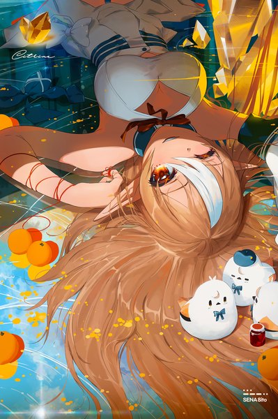 Anime picture 1359x2043 with virtual youtuber hololive shiranui flare shiranui flare (1st costume) elfriend (shiranui flare) sena 8ito single long hair tall image looking at viewer blonde hair red eyes lying one eye closed multicolored hair pointy ears on back streaked hair girl animal