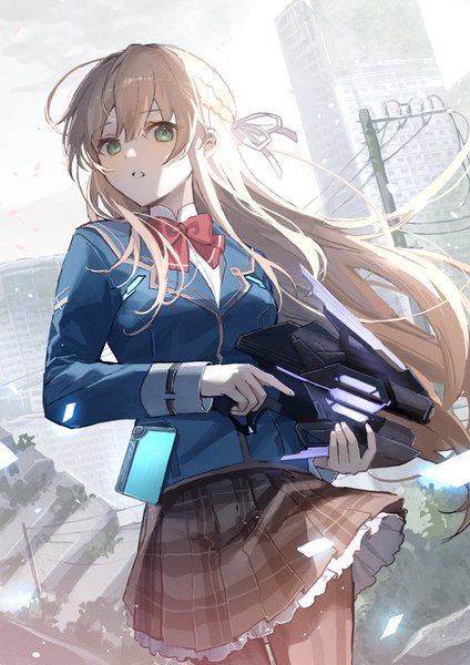 Anime picture 2894x4093 with heaven burns red tojo tsukasa oyuyu single long hair tall image looking at viewer fringe highres hair between eyes brown hair standing holding green eyes outdoors braid (braids) long sleeves parted lips pleated skirt wind