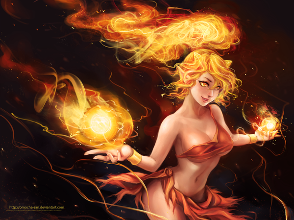 Anime picture 1250x937 with original zenithomocha single looking at viewer fringe breasts light erotic smile ponytail from above pointy ears midriff orange eyes magic glowing glowing eye (eyes) girl navel bracelet fire
