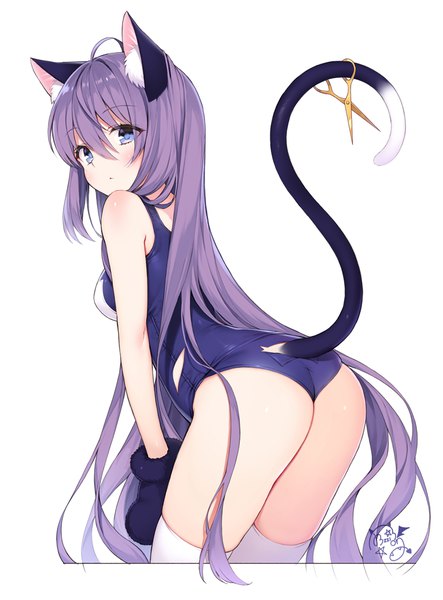 Anime picture 739x1000 with original byulzzimon single tall image looking at viewer blush fringe blue eyes light erotic simple background hair between eyes white background signed animal ears purple hair ahoge ass tail very long hair animal tail