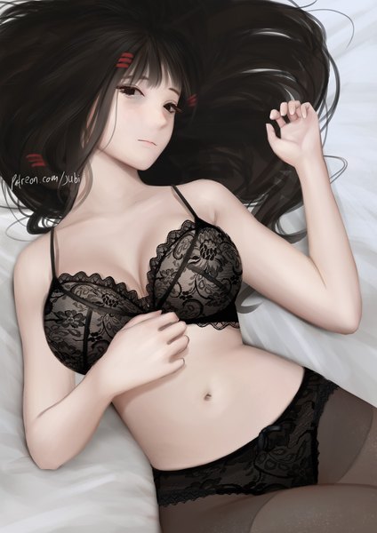 Anime picture 2480x3508 with original alyssa (jubi) jubi (regiana) single long hair tall image looking at viewer highres breasts light erotic black hair large breasts bare shoulders signed lying head tilt black eyes bare belly on back girl