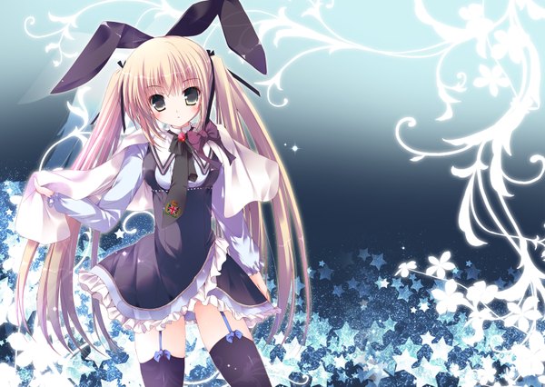 Anime picture 1600x1137 with original mizusawa mimori single long hair blush blonde hair twintails yellow eyes bunny ears girl thighhighs dress bow black thighhighs star (symbol)