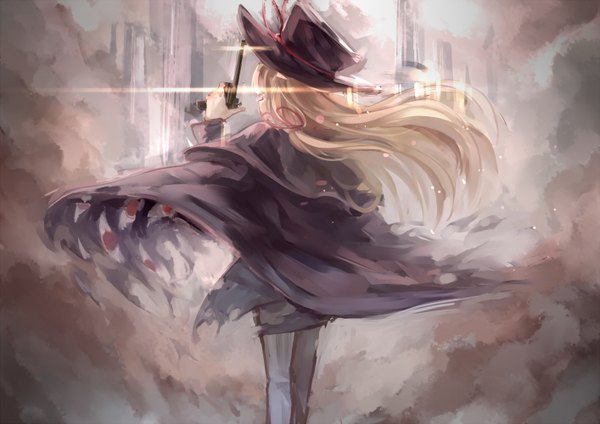 Anime picture 1414x1000 with touhou yakumo yukari james moriarty (fate) zicai tang single long hair fringe blonde hair from behind alternate costume smoke girl weapon hat gun cape pistol