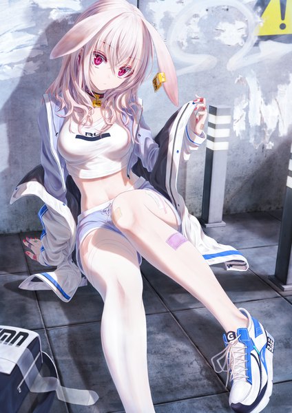 Anime picture 2894x4093 with original tsumi no hahen (debris) lirin (bae.c) bae.c single long hair tall image looking at viewer fringe highres breasts hair between eyes sitting signed animal ears outdoors white hair long sleeves nail polish head tilt