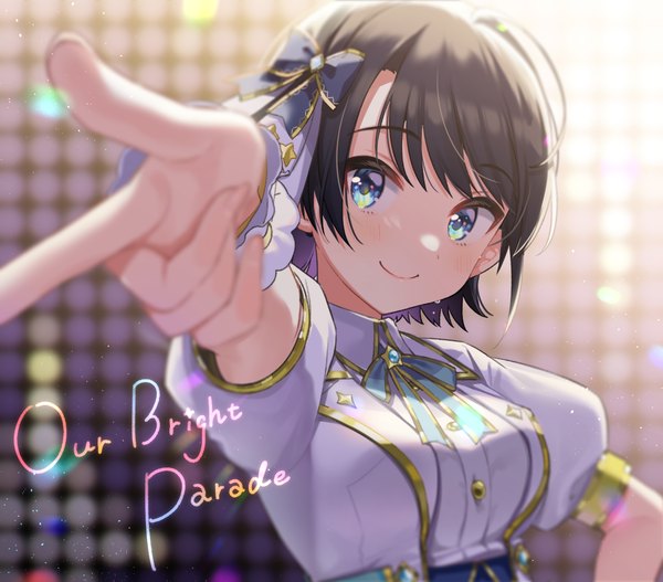 Anime picture 1139x1000 with virtual youtuber hololive oozora subaru shigure ui single looking at viewer short hair blue eyes black hair smile upper body puffy sleeves hand on hip official alternate costume pointing at viewer hololive idol uniform (bright) girl