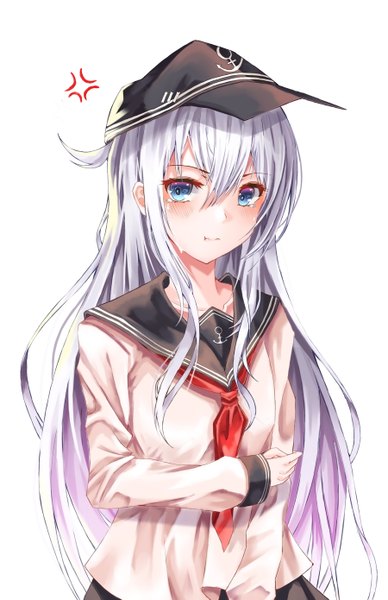 Anime picture 1800x2779 with kantai collection hibiki destroyer cup6542 single long hair tall image looking at viewer blush fringe highres blue eyes simple background hair between eyes standing white background payot silver hair tears :t anger vein