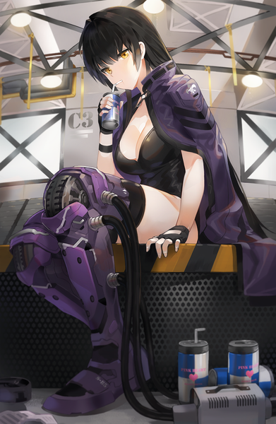 Anime picture 733x1123 with original red bull kfr single long hair tall image fringe breasts light erotic black hair hair between eyes large breasts sitting yellow eyes cleavage full body looking down drinking brand name imitation girl