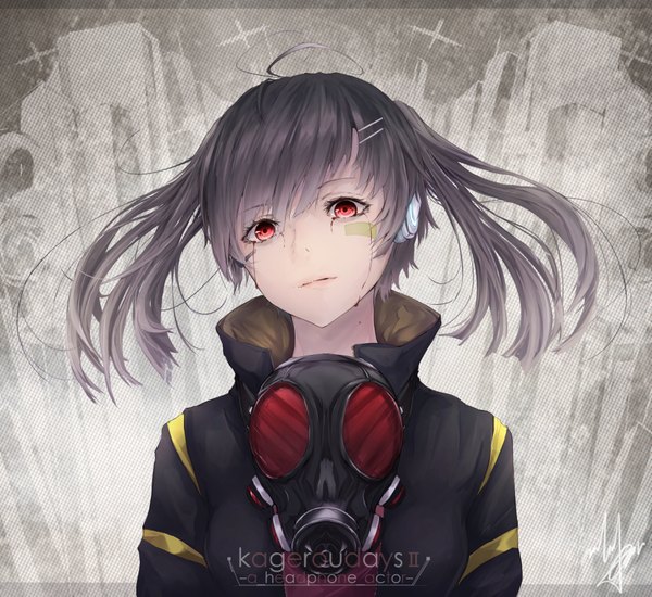 Anime picture 1789x1642 with kagerou project shaft (studio) enomoto takane marumoru single long hair looking at viewer highres red eyes upper body ahoge grey hair inscription tears bandaid on face bloody tears girl hair ornament jacket hairclip