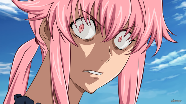 Anime picture 2200x1238 with mirai nikki gasai yuno morrow single long hair looking at viewer highres wide image pink hair sky cloud (clouds) pink eyes teeth angry clenched teeth girl