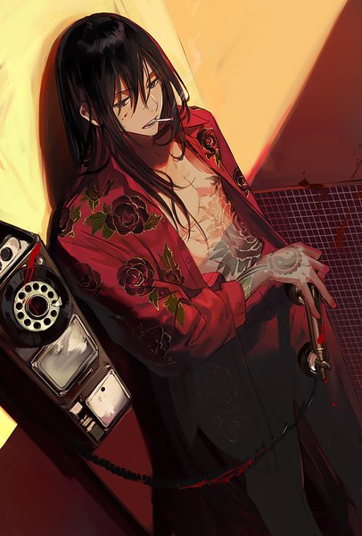 Anime picture 677x1000 with fate (series) fate/grand order yan qing (fate) itefu single long hair tall image fringe hair between eyes standing from above tattoo open shirt floral print smoke smoking yin yang boy shirt cigarette