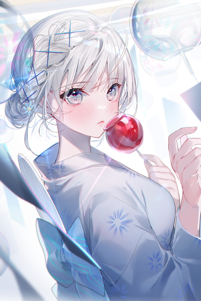 Anime picture 1090x1637 with original miwano rag single tall image looking at viewer blush fringe short hair holding silver hair upper body ahoge blunt bangs braid (braids) traditional clothes japanese clothes grey hair hair bun (hair buns) turning head anaglyph