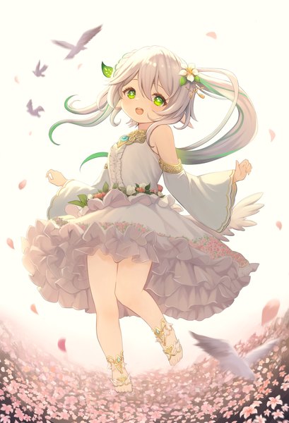 Anime picture 1637x2400 with genshin impact nahida (genshin impact) marekamico single long hair tall image looking at viewer fringe open mouth hair between eyes green eyes silver hair full body :d bare legs alternate costume side ponytail symbol-shaped pupils girl dress