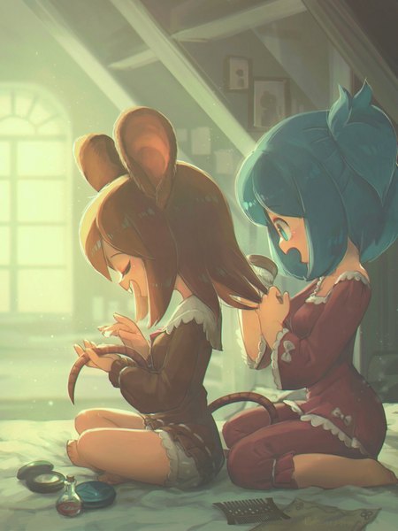 Anime picture 1875x2500 with original porforever long hair tall image highres short hair open mouth smile brown hair sitting multiple girls animal ears indoors tail eyes closed long sleeves :d animal tail profile barefoot
