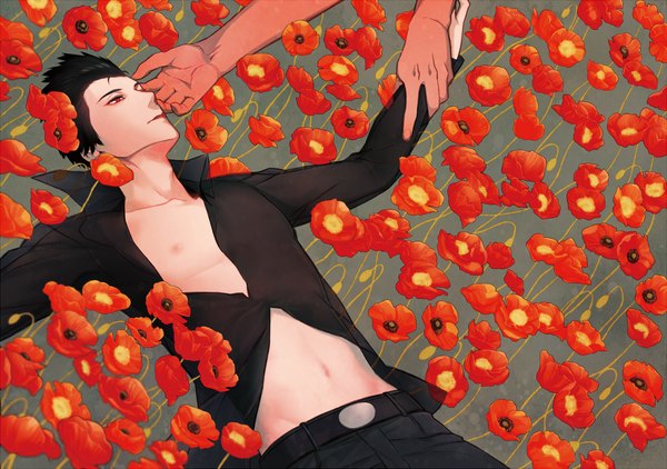 Anime picture 1252x882 with el shaddai lucifel (el shaddai) johnny lmd short hair black hair red eyes nipples lying open clothes on back open shirt holding hands hand on face boy navel flower (flowers) shirt pants hands black shirt