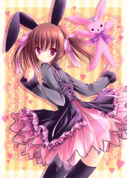 Anime picture 2814x3952 with tinker bell tall image blush highres short hair smile brown hair pink eyes loli bunny ears girl thighhighs dress bow black thighhighs bunny