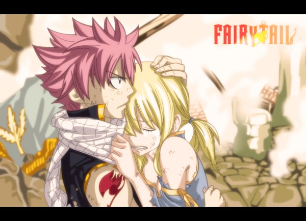 Anime picture 1200x868 with fairy tail lucy heartfilia natsu dragneel hikahitmanr (artist) short hair blonde hair pink hair ponytail eyes closed profile black eyes inscription tattoo hug tears torn clothes coloring smoke muscle girl