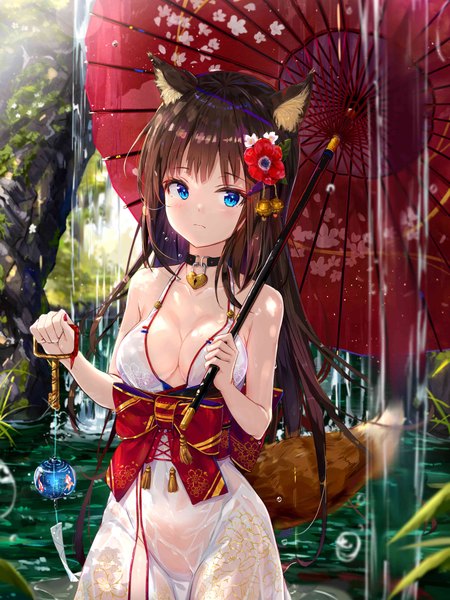 Anime-Bild 2894x3860 mit original na kyo single long hair tall image looking at viewer blush fringe highres breasts blue eyes light erotic brown hair large breasts bare shoulders holding animal ears cleavage outdoors tail