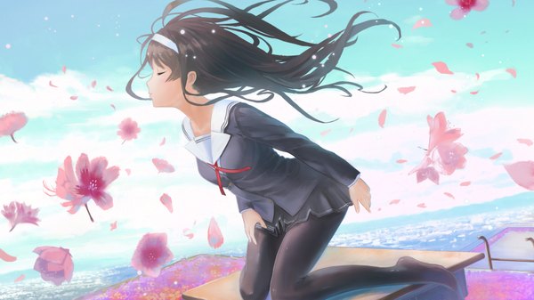 Anime picture 1920x1080 with saenai heroine no sodatekata a-1 pictures kasumigaoka utaha peko (akibakeisena) single long hair fringe highres brown hair wide image standing sky cloud (clouds) eyes closed pleated skirt wind sunlight leaning no shoes leaning forward