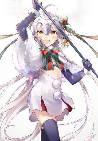 Anime picture 628x900 with fate (series) fate/grand order jeanne d'arc (fate) (all) jeanne d'arc alter santa lily (fate) shiao single tall image looking at viewer open mouth yellow eyes silver hair ahoge very long hair :d girl thighhighs gloves bow black thighhighs hair bow