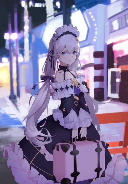 Anime picture 1600x2300 with honkai impact 3rd benghuai xueyuan honkai (series) theresa apocalypse hymxiaocyan single long hair tall image looking at viewer fringe blue eyes smile hair between eyes standing twintails bare shoulders holding outdoors white hair off shoulder