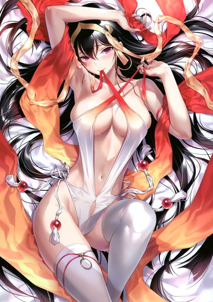 Anime picture 2413x3432 with fate (series) fate/grand order xuangzang sanzang (fate) kousaki rui single tall image looking at viewer blush fringe highres breasts light erotic black hair hair between eyes red eyes large breasts holding bent knee (knees) lying very long hair